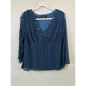 Blue Y2K Biyaycda Career Top S/M lace Sheer burnout  Lined sequin Trim Boho girl